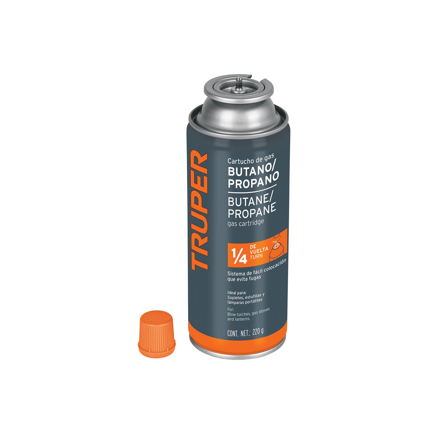 GAS-220X Lata de gas de 220g con válvula de 1/4 de vuelta, TRUPER