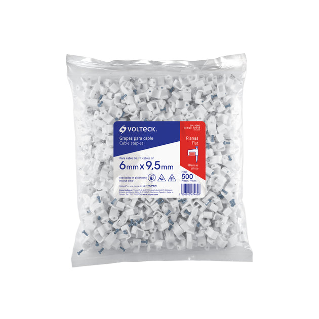 GPL-10BG Bolsa con 500 grapas blancas de 6 x 9.5 mm para cable plano