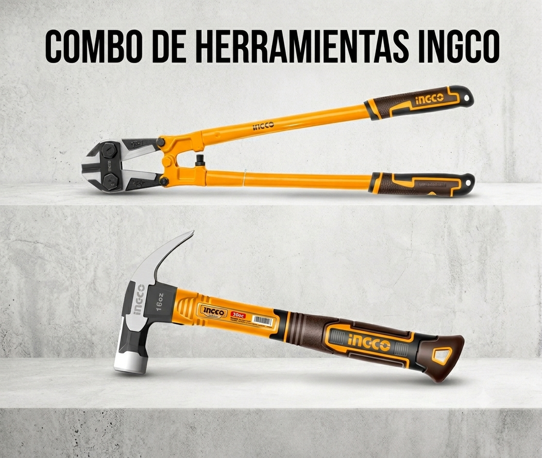 HBC0836 COMBO INGCO: Cortapernos Industrial 36" CrMo + Martillo Uña Curva 16oz Mango Fibra de Vidrio INGCO
