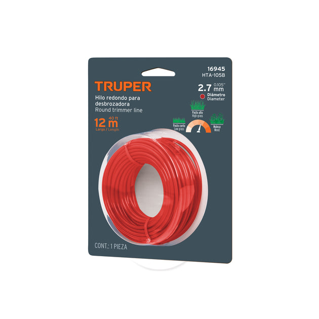 HTA-105B Hilo redondo, para desbrozadora, 2.7mm x12m, tarjeta, TRUPER