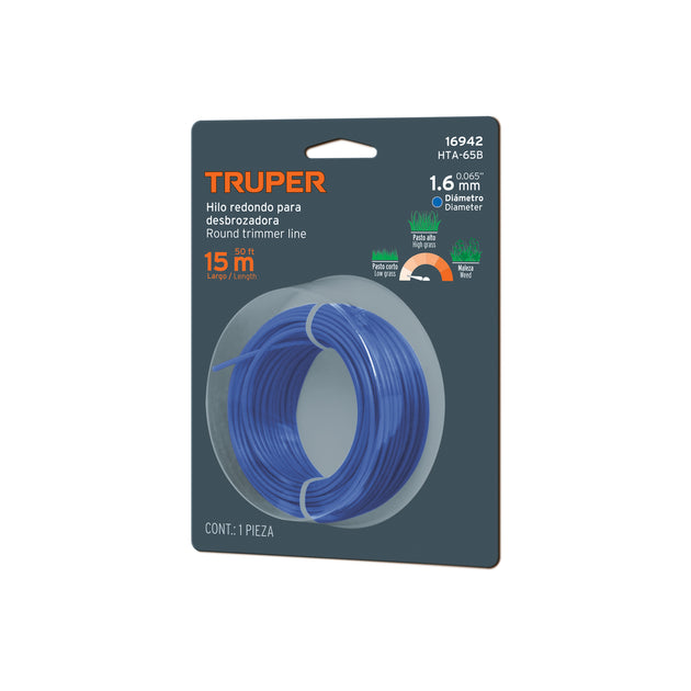 HTA-65B Hilo redondo, para desbrozadora, 1.6mm x 15m, tarjeta,TRUPER