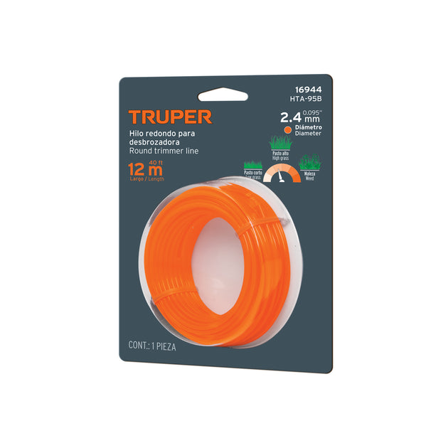 HTA-95B Hilo redondo, para desbrozadora, 2.4mm x 12m, tarjeta,TRUPER
