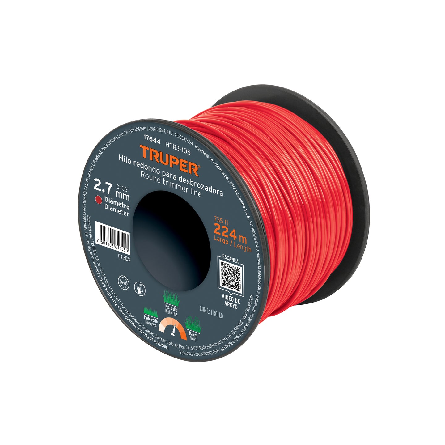 HTR3-105 Hilo redondo, para desbrozadora, 2.7mm x 224m,carrete,TRUPER