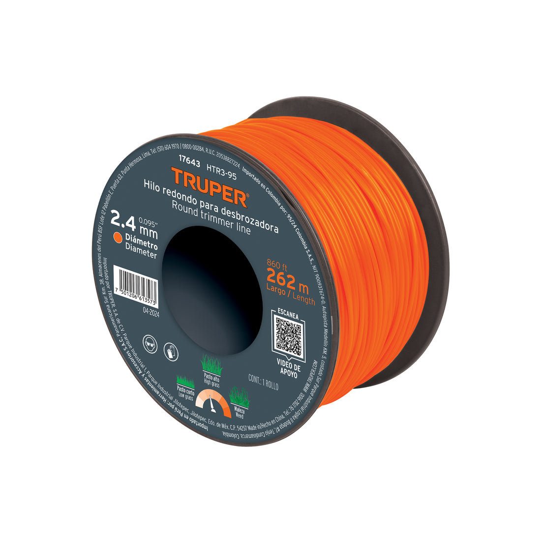 HTR3-95 Hilo redondo, para desbrozadora, 2.4mm x 262m,carrete,TRUPER