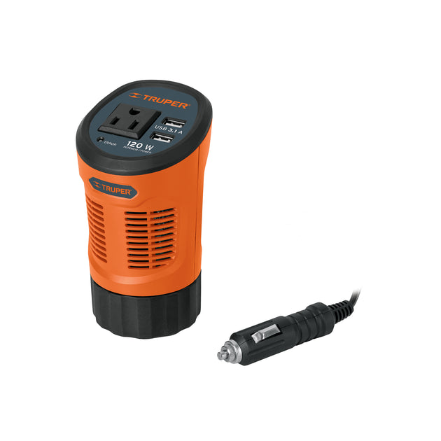 INCO-120 Inversor de corriente 120 W tipo vaso, 2 puertos USB, Truper