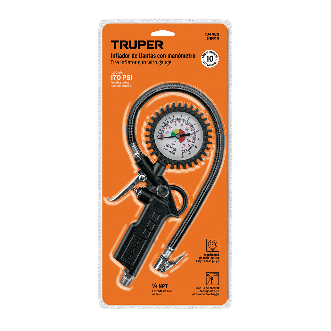 Inflador de llantas Truper INFMA, Manómetro 6-170 psi, Válvula de alivio