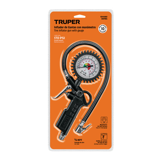 Inflador de llantas Truper INFMA, Manómetro 6-170 psi, Válvula de alivio