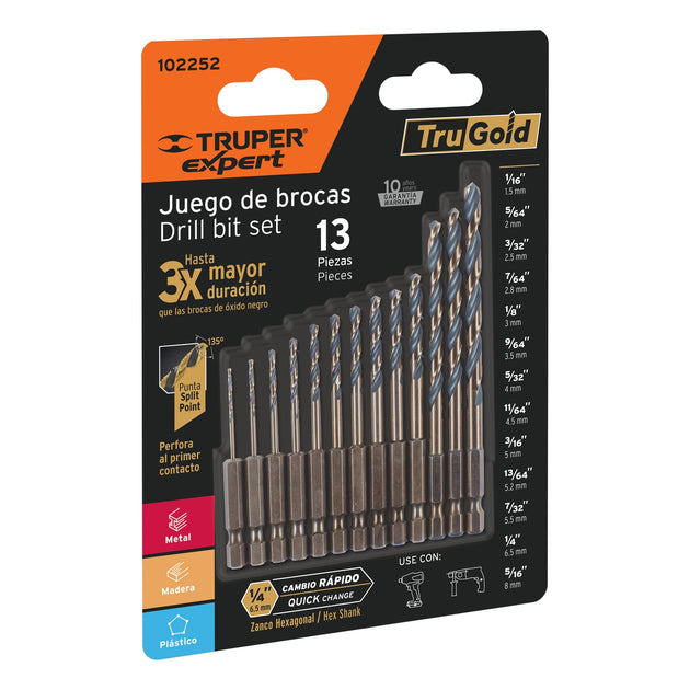JBAV-13R Juego de 13 brocas HSS p/metal zanco cambio rápido, Expert