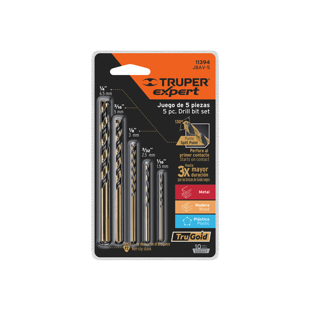 JBAV-5 Juego de 5 brocas HSS para metal, Truper Expert
