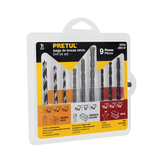 JBMX-9P Juego de 9 brocas para metal, concreto y madera, Pretul