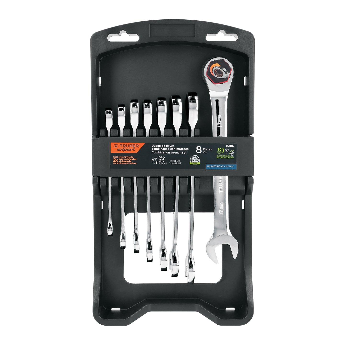 JC-8XM Juego de 8 llaves combinadas pulidas mm con matraca, EXPERT