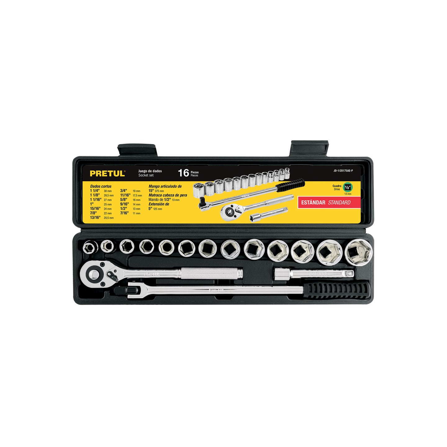 JD-1/2X17SAE-P Juego de 16 herramientas 1/2" std para mecánico, PRETUL