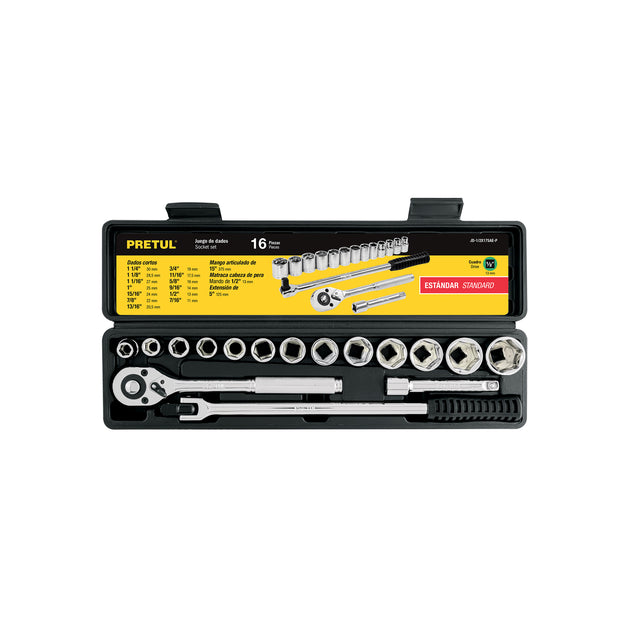 JD-1/2X17SAE-P Juego de 16 herramientas 1/2" std para mecánico, PRETUL
