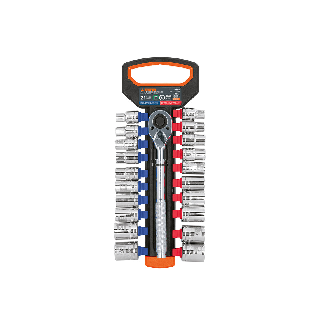JD-1/2X21MP Juego de dados mm y std con matraca, cuadro 1/2", Truper
