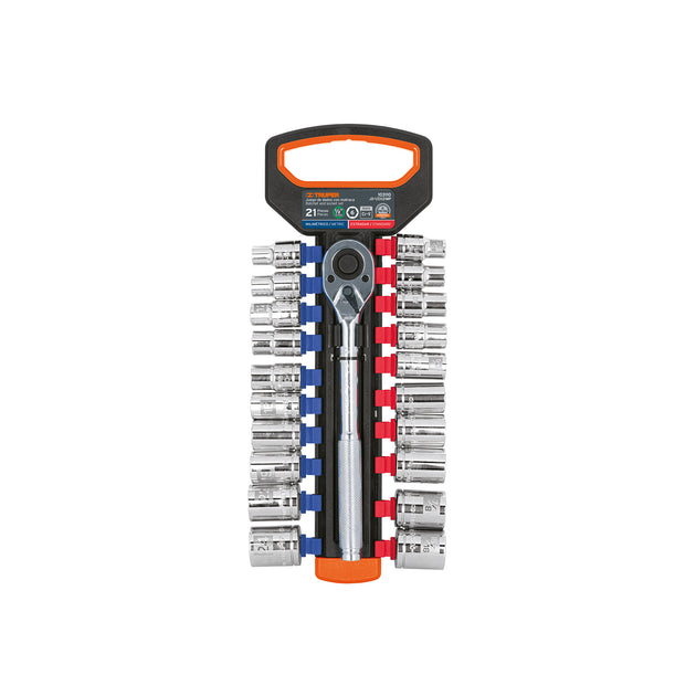 JD-1/2X21MP Juego de dados mm y std con matraca, cuadro 1/2", Truper