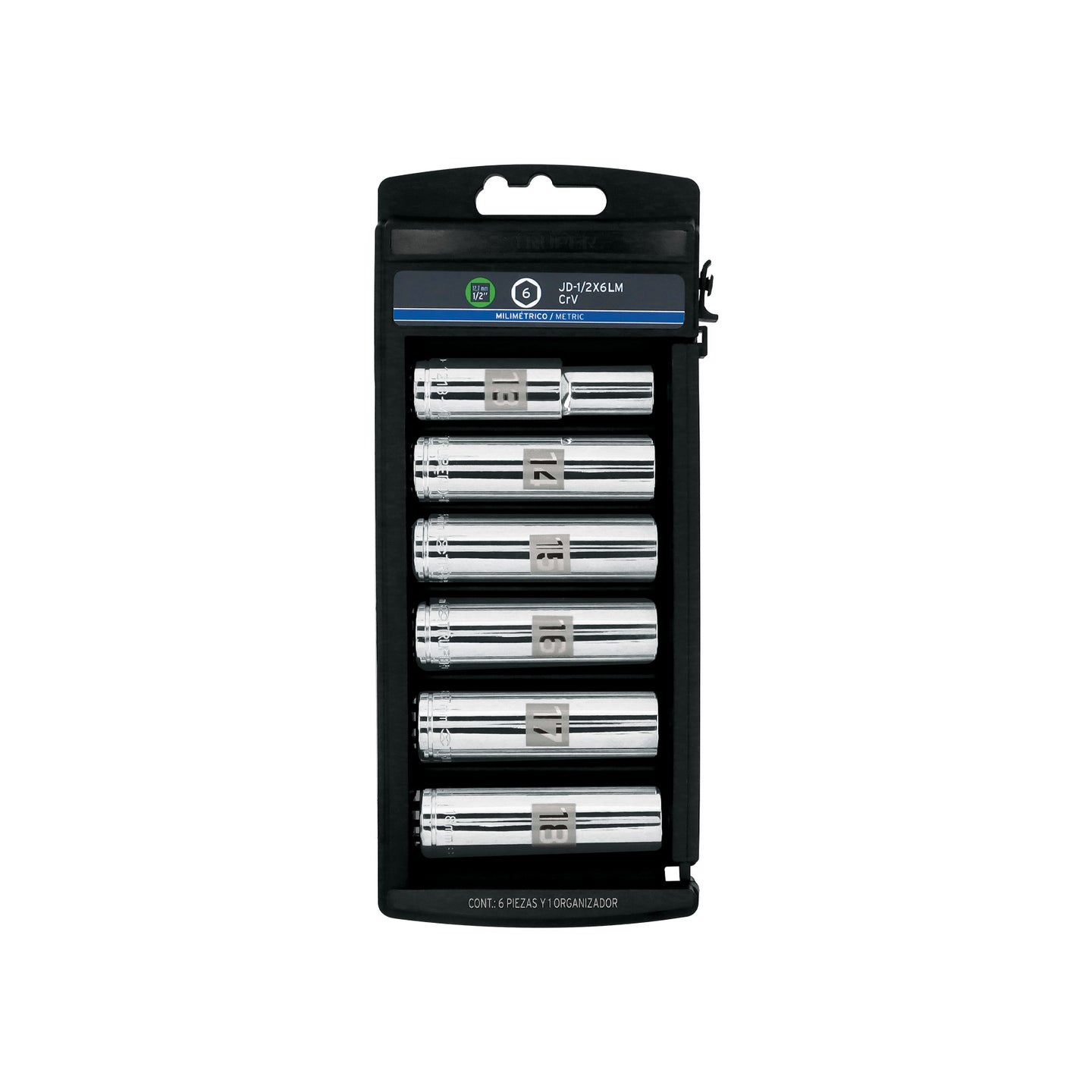 JD-1/2X6LM Juego 6 dados largos cuadro 1/2" mm, Truper