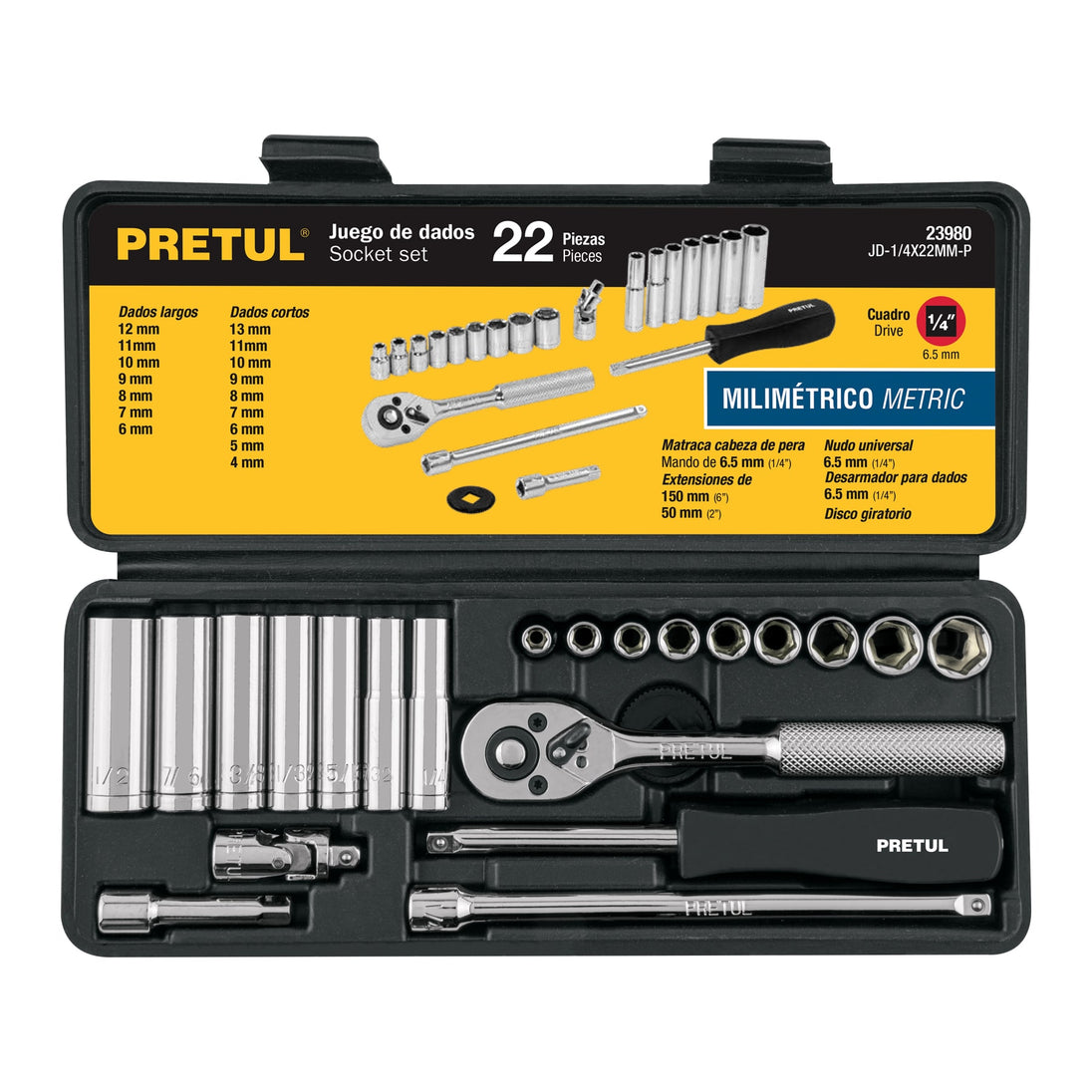 JD-1/4X22MM-P Juego de 22 herramientas 1/4" mm para mecánico, PRETUL