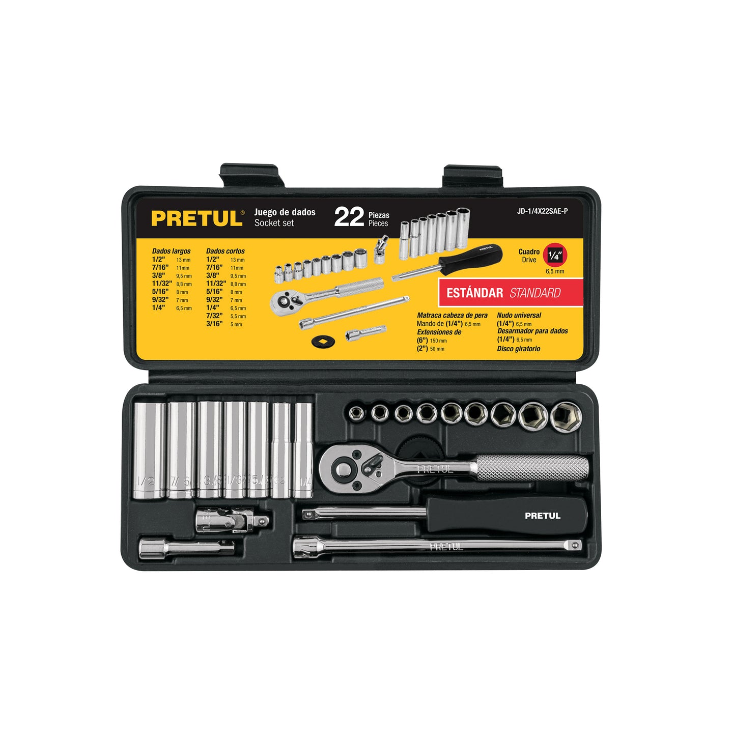 JD-1/4X22SAE-P Juego de 22 herramientas 1/4" std para mecánico, PRETUL