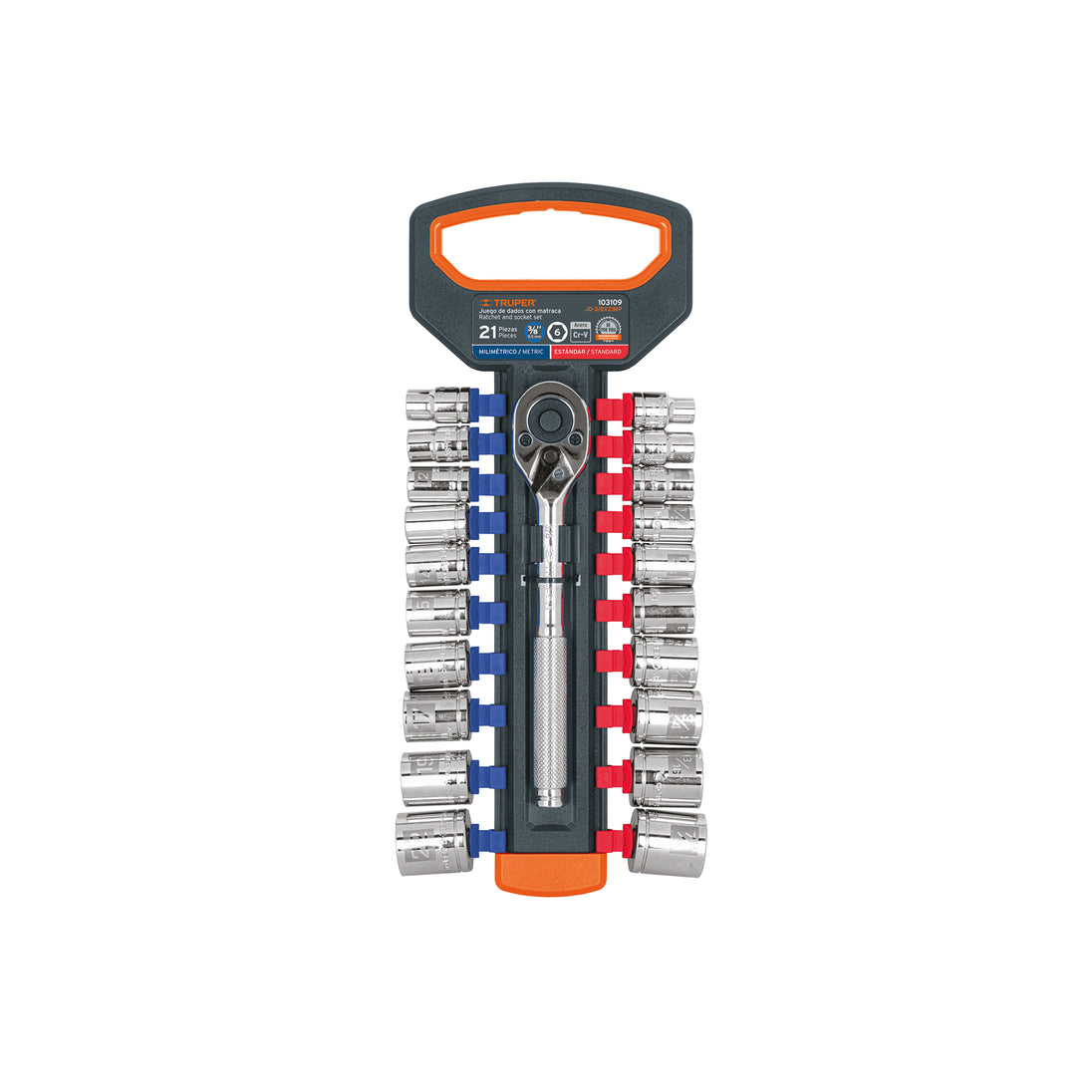 JD-3/8X21MP Juego de dados mm y std con matraca, cuadro 3/8", Truper