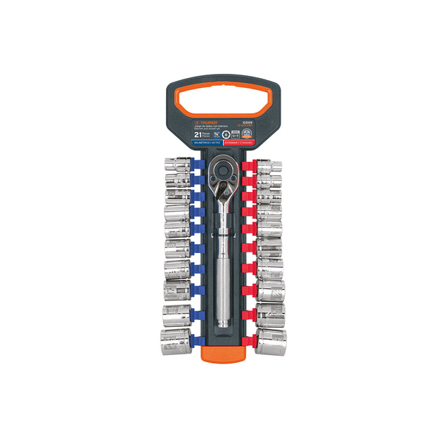 JD-3/8X21MP Juego de dados mm y std con matraca, cuadro 3/8", Truper