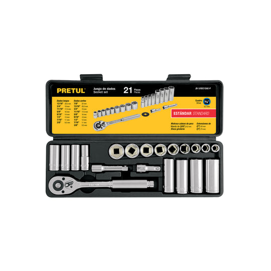 JD-3/8X21SAE-P Juego de 21 herramientas 3/8" std para mecánico, PRETUL