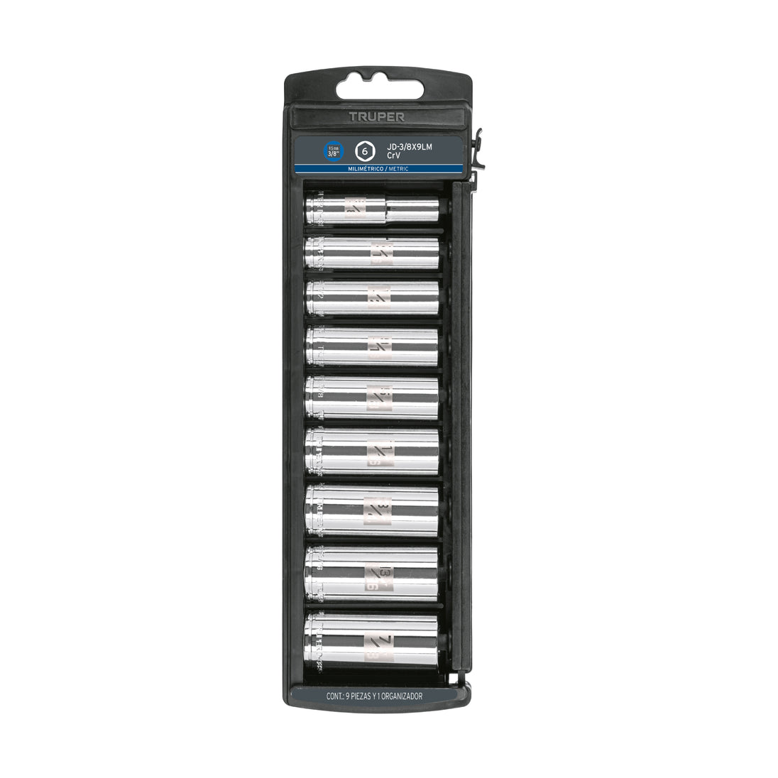 JD-3/8X9LM Juego de 9 dados largos cuadro 3/8" mm, Truper