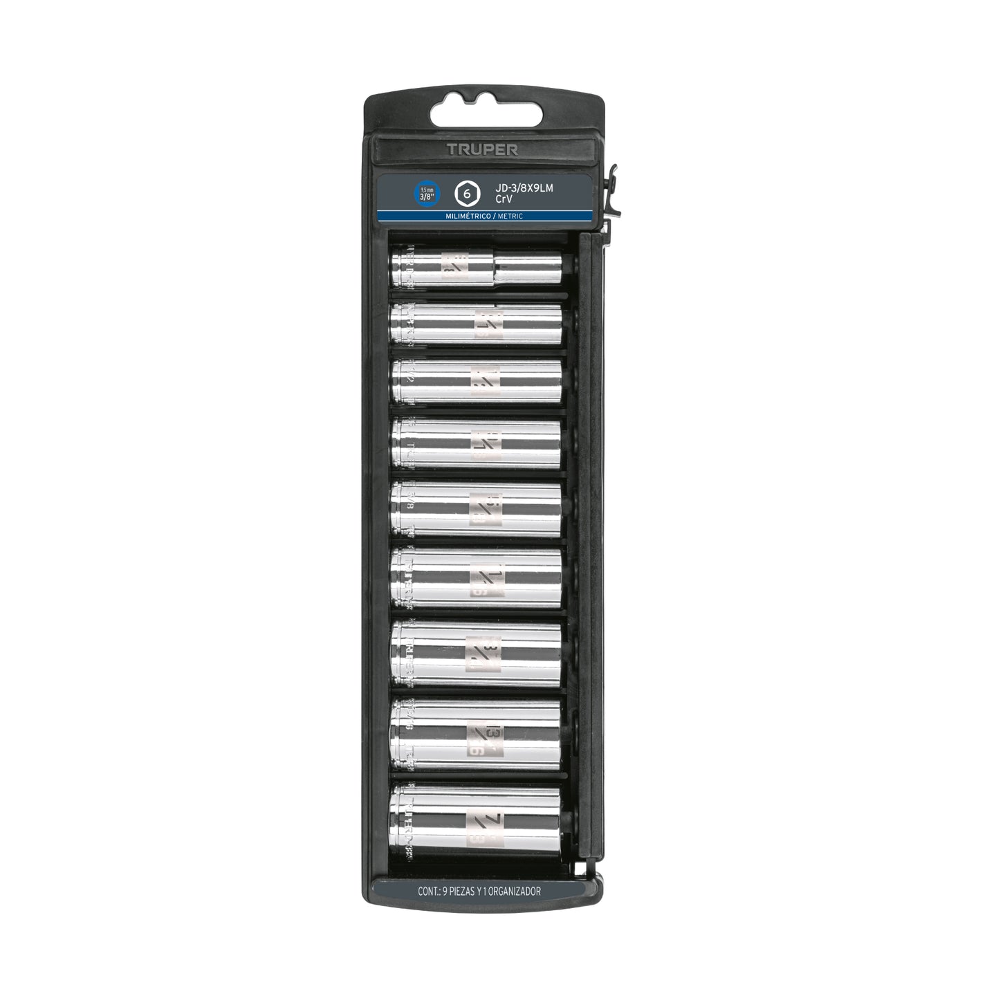 JD-3/8X9LM Juego de 9 dados largos cuadro 3/8" mm, Truper