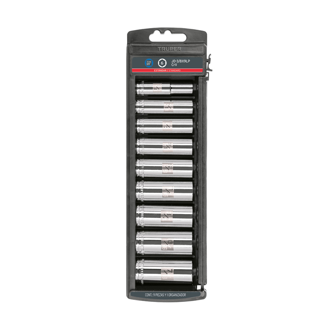 JD-3/8X9LP Juego de 9 dados largos cuadro 3/8" std, Truper