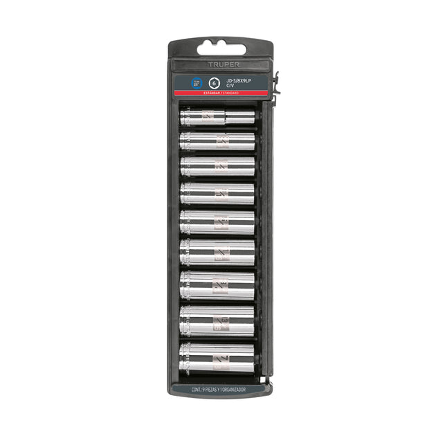 JD-3/8X9LP Juego de 9 dados largos cuadro 3/8" std, Truper