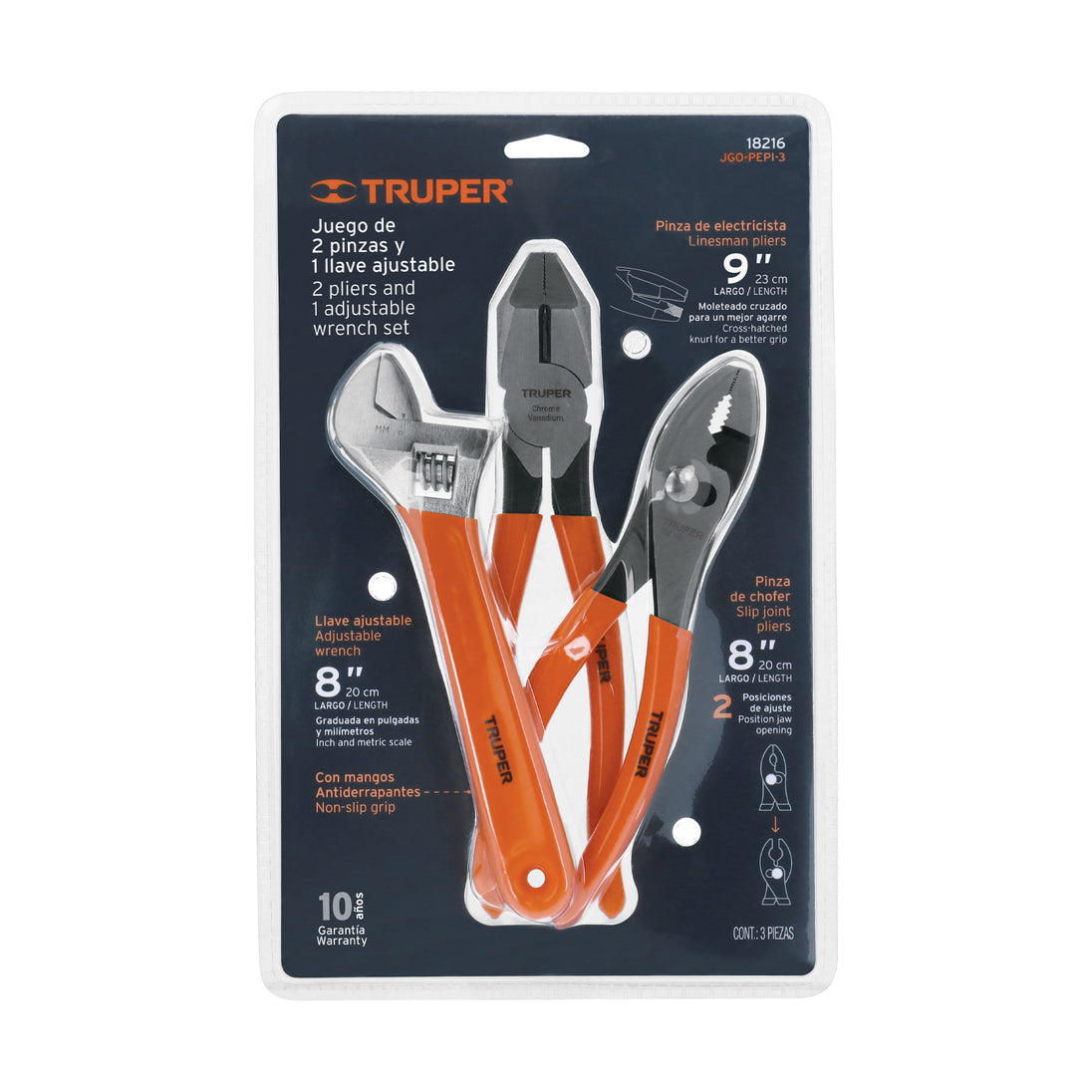 JGO-PEPI-3 Juego con 2 pinzas y 1 llave ajustable mango de PVC, Truper