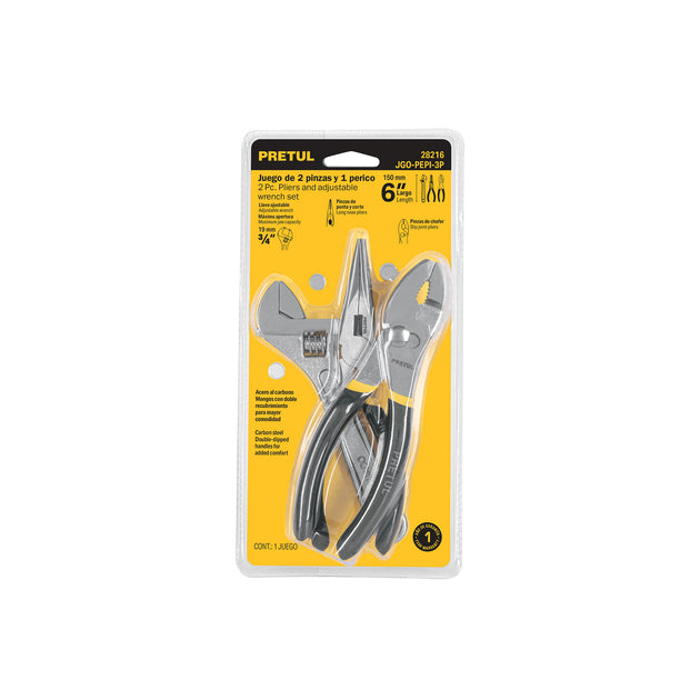 JGO-PEPI-3P Juego de 2 pinzas y 1 llave ajustable, mangos de PVC, PRETUL