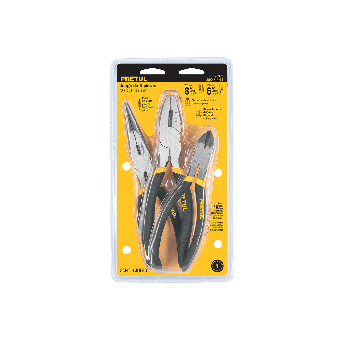 JGO-PIN-3B Juego de 3 pinzas, 2 de 6" y 1 de 8", mangos de PVC, PRETUL