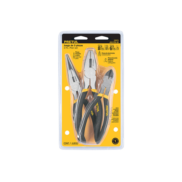 JGO-PIN-3B Juego de 3 pinzas, 2 de 6" y 1 de 8", mangos de PVC, PRETUL