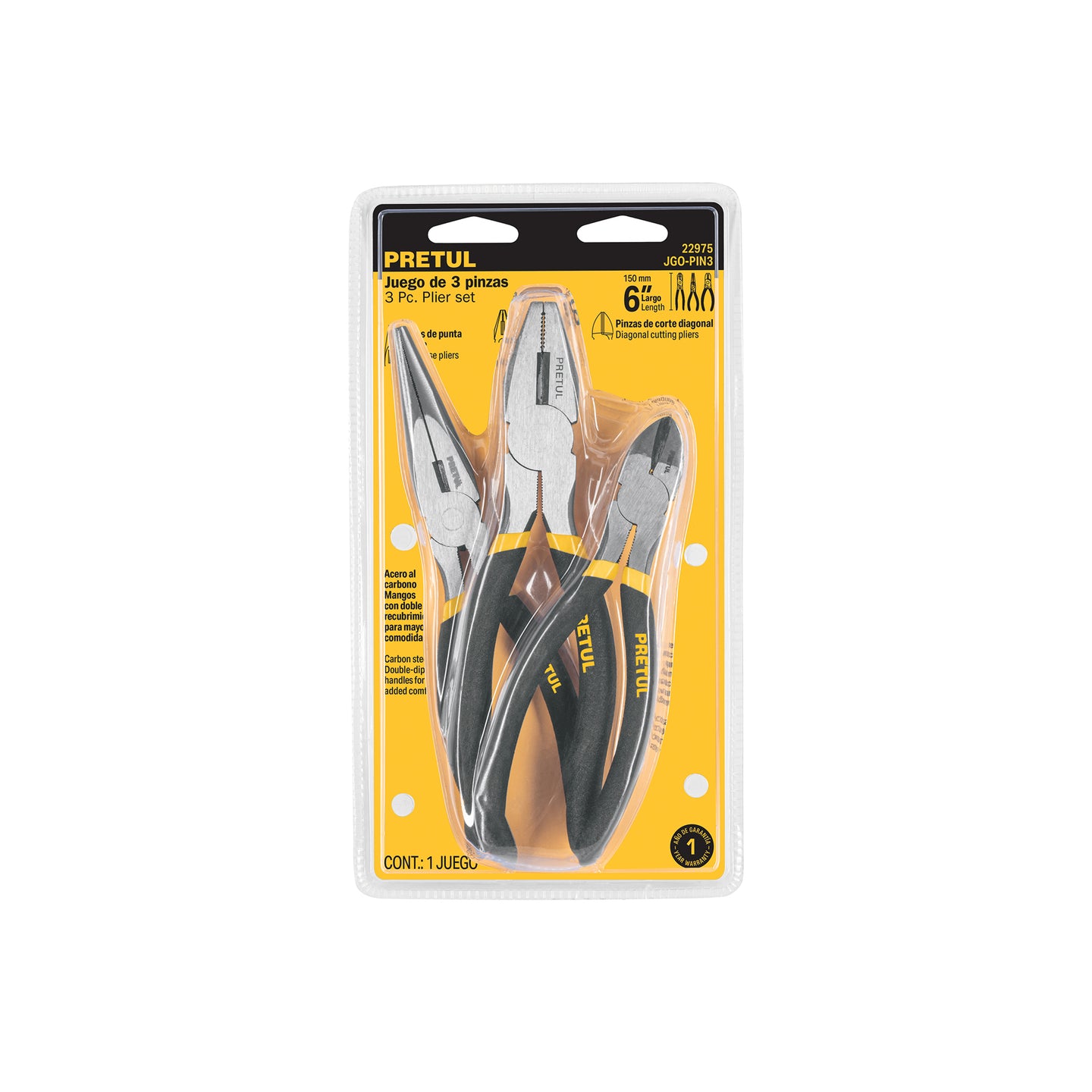 JGO-PIN3 Juego de 3 pinzas de 6", mangos de PVC, PRETUL