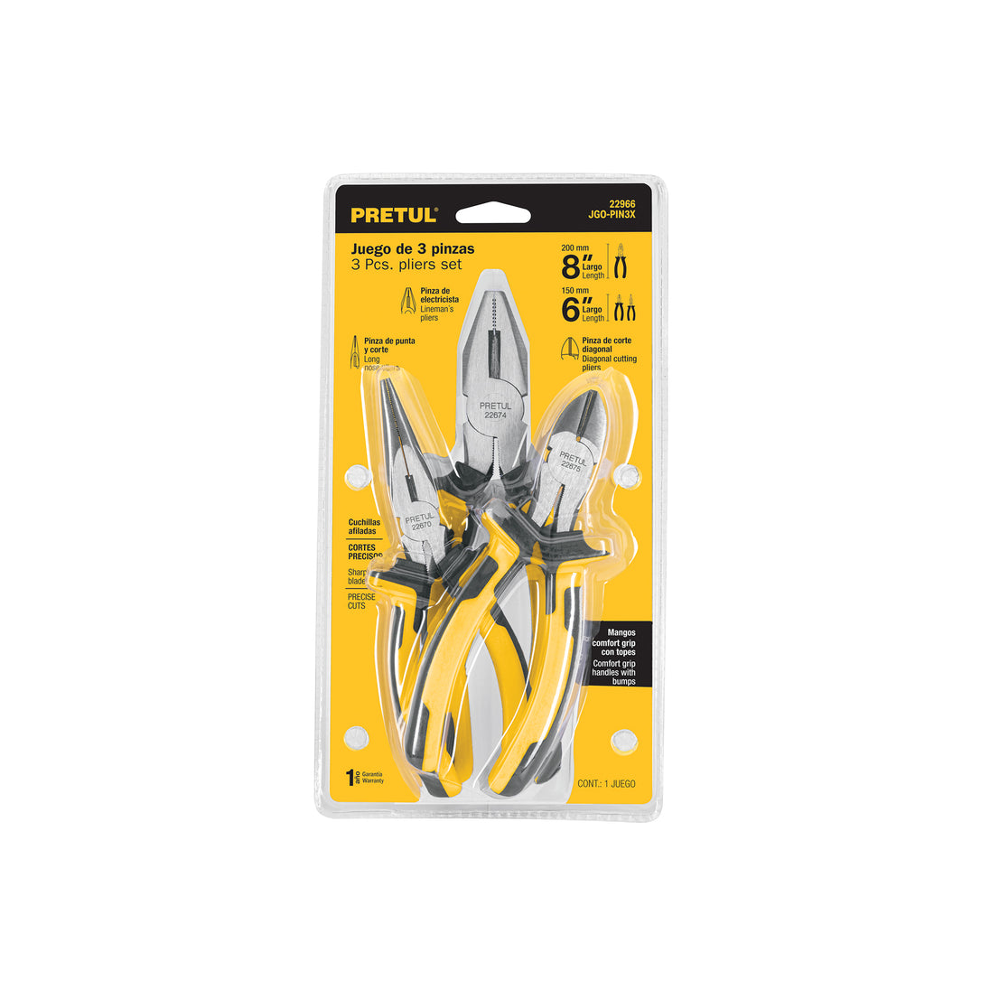 JGO-PIN3X Juego de 3 pinzas 3 mango Comfort Grip, PRETUL