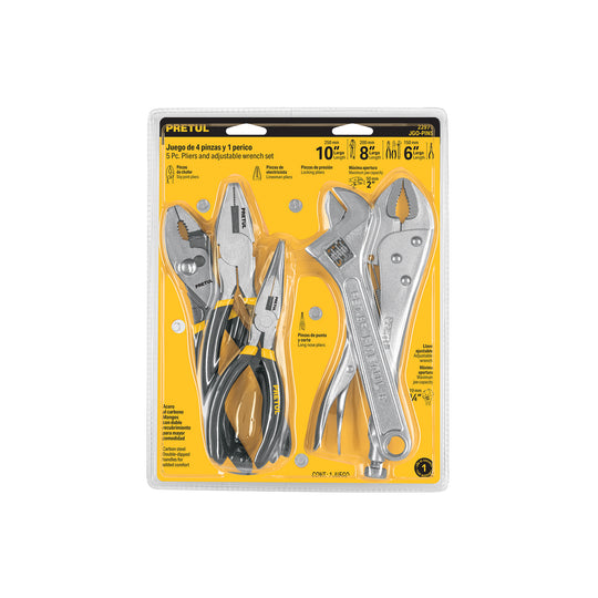 JGO-PIN5 Juego de 4 pinzas y 1 llave ajustable mango de vinil, Pretul