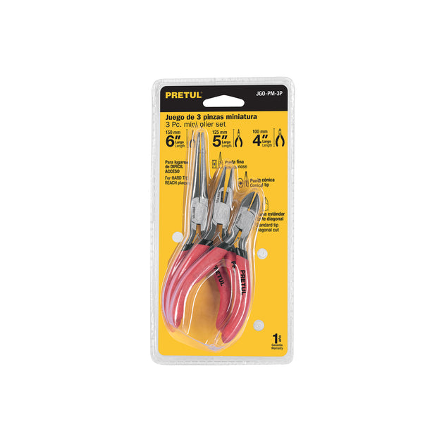 JGO-PM-3P Juego de 3 mini pinzas, mangos de PVC, PRETUL