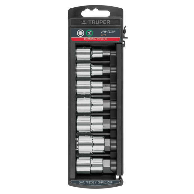 JPH-1/2X7P Juego de 7 dados cuadro 1/2" punta hexagonal std, Truper