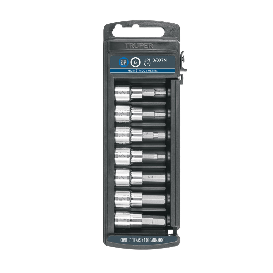 JPH-3/8X7M Juego de 7 dados cuadro 3/8" punta hexagonal mm, Truper
