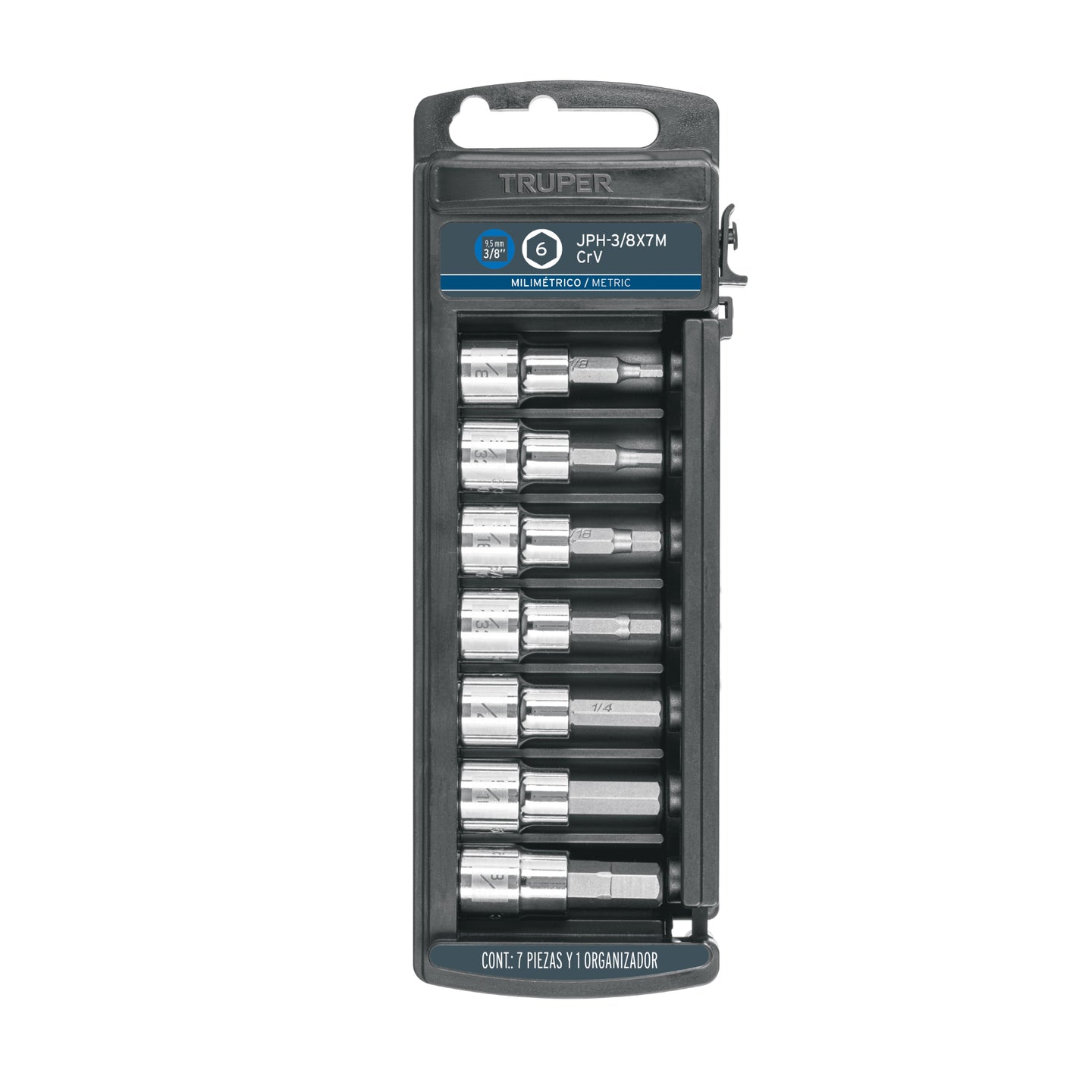JPH-3/8X7M Juego de 7 dados cuadro 3/8" punta hexagonal mm, Truper