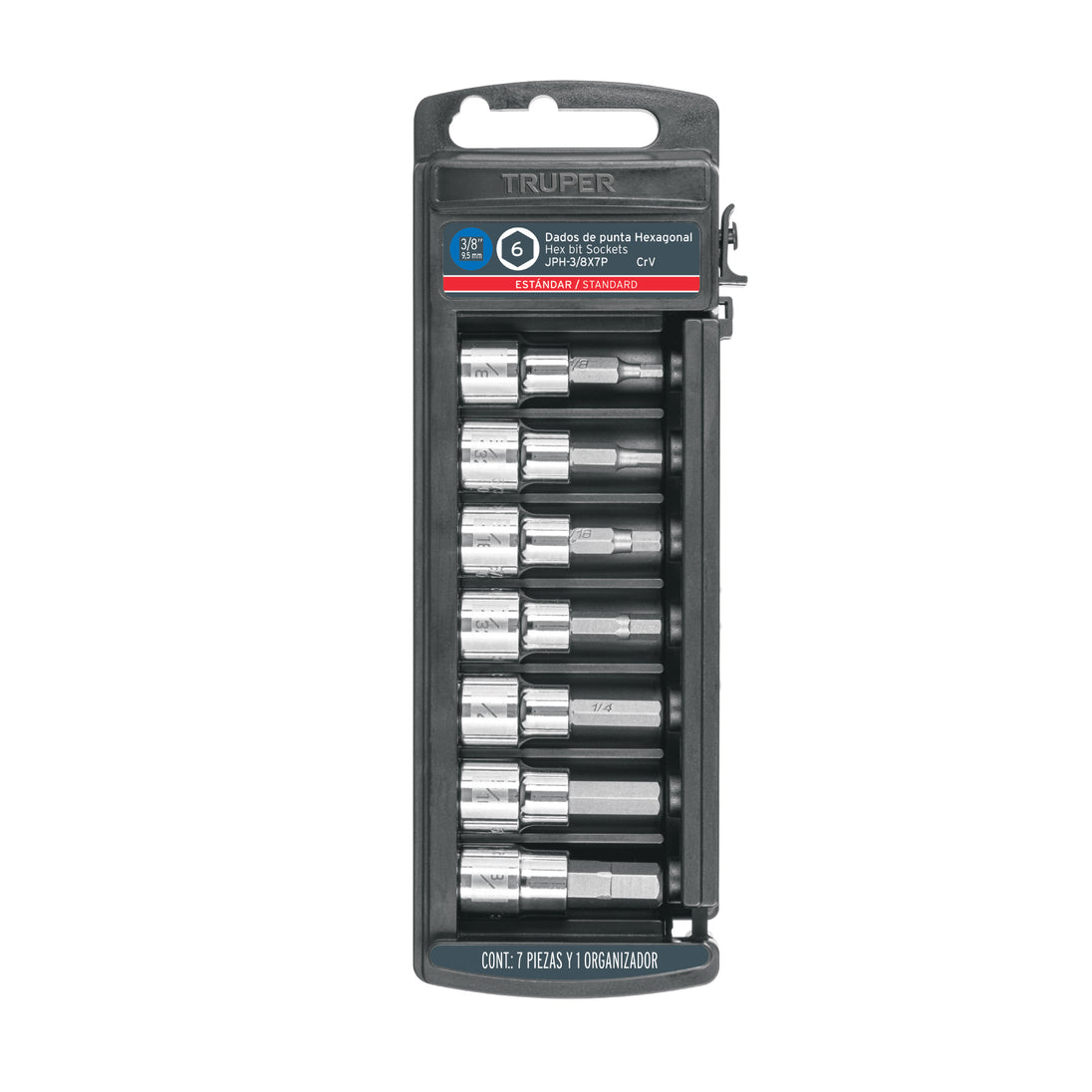 JPH-3/8X7P Juego de 7 dados punta hexagonal std, cuadro 3/8", Truper