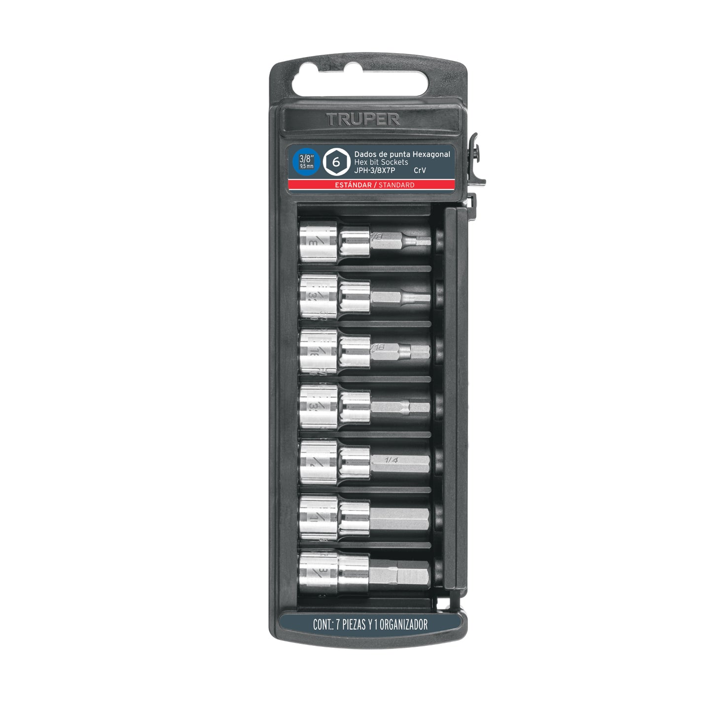 JPH-3/8X7P Juego de 7 dados punta hexagonal std, cuadro 3/8", Truper