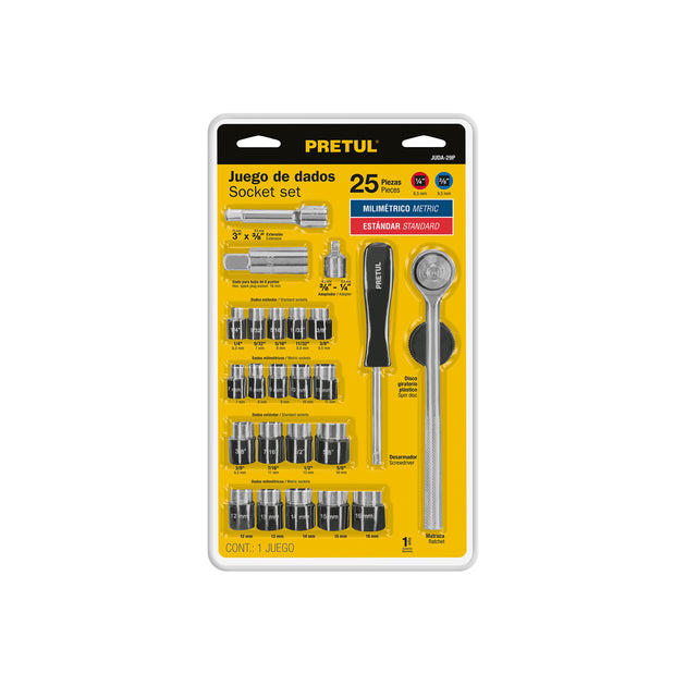 JUDA-29P Juego de 25 herramientas 1/4" y 3/8" para mecánico, Pretul