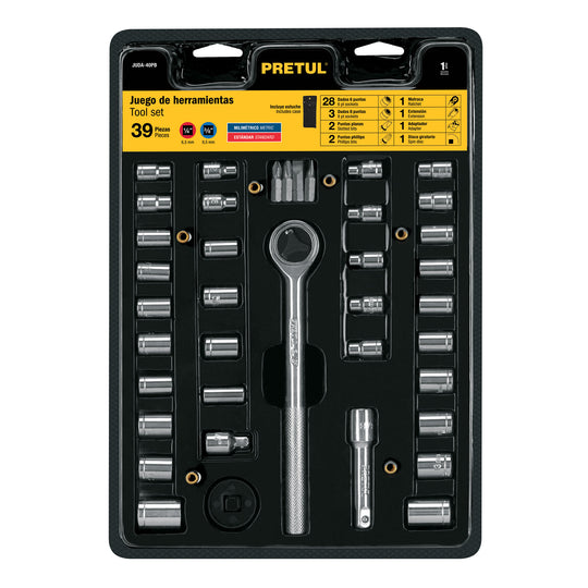 JUDA-40PB Juego de 39 herramientas 1/4" y 3/8" para mecánico, Pretul