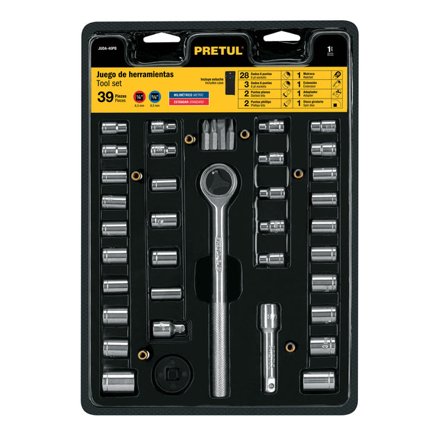 JUDA-40PB Juego de 39 herramientas 1/4" y 3/8" para mecánico, Pretul