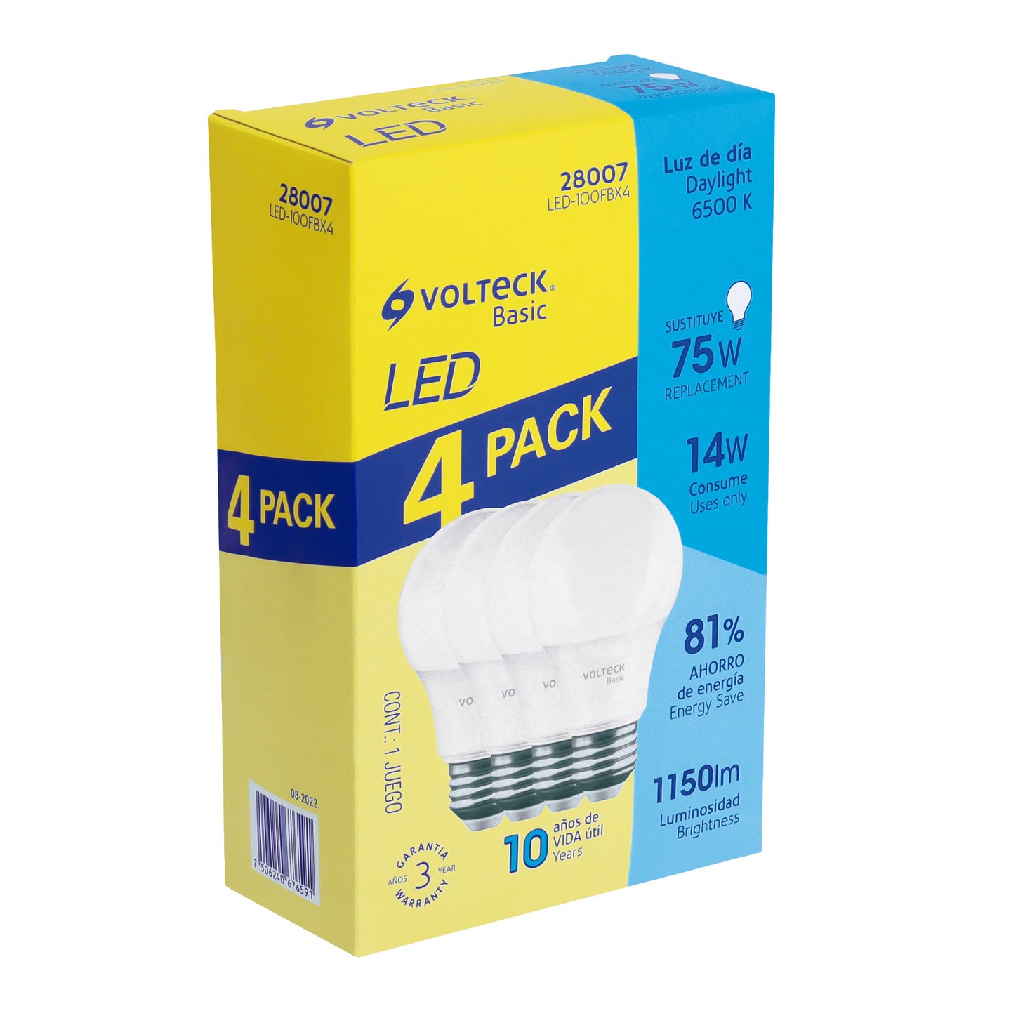 LED-100FBX4 Pack 4 focos LED 14W (75W) A19, 6500K fría, 1150 lm, BASIC