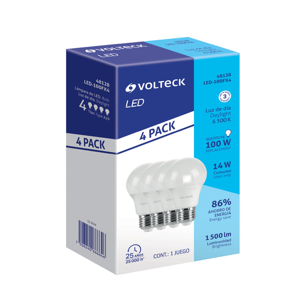 LED-100FX4 Pack 4 focos LED 14W (100W) A19, 6500K blanca fría, 1500 lm