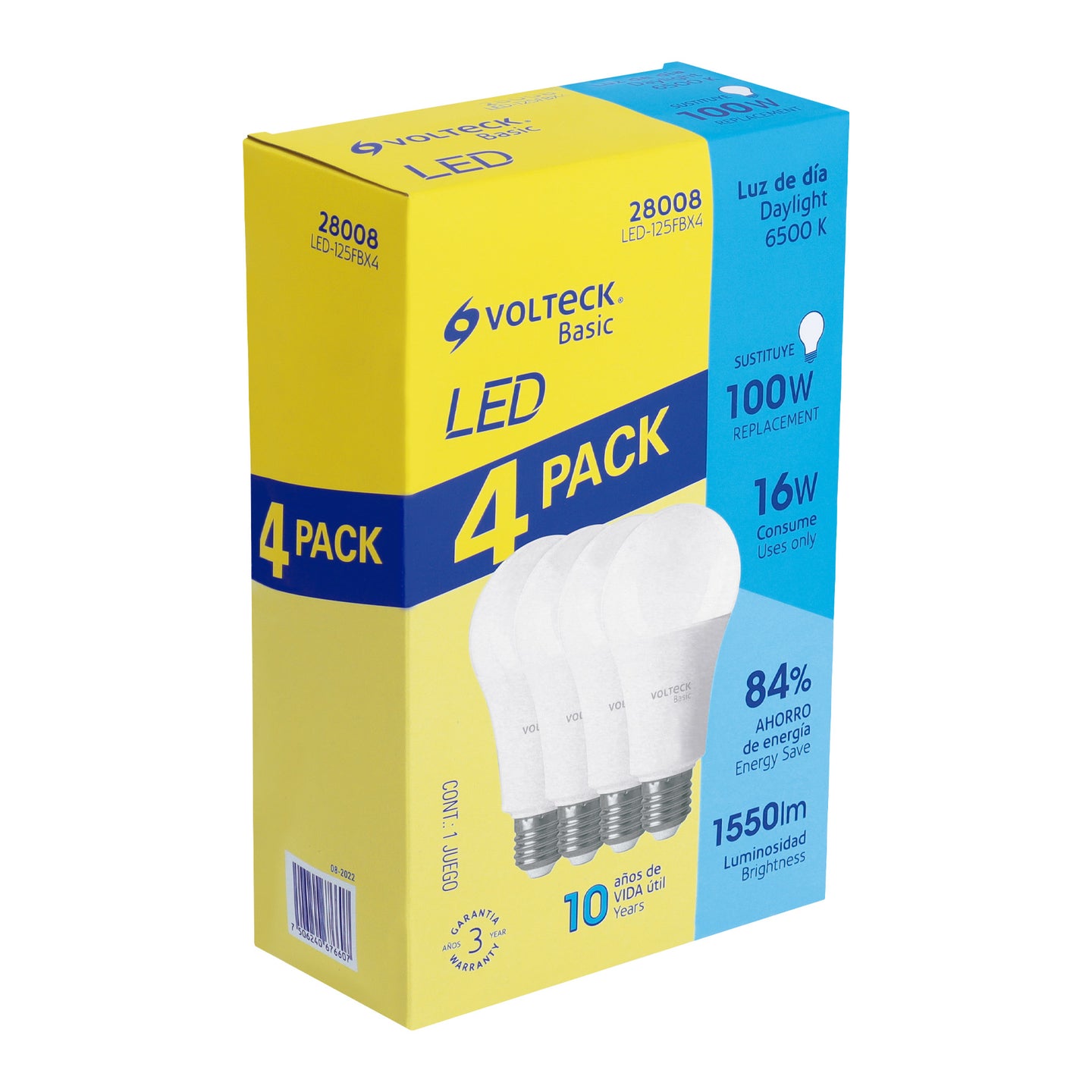 LED-125FBX4 Pack 4 focos LED 16W (100W) A22, 6500K fría, 1550 lm, BASIC