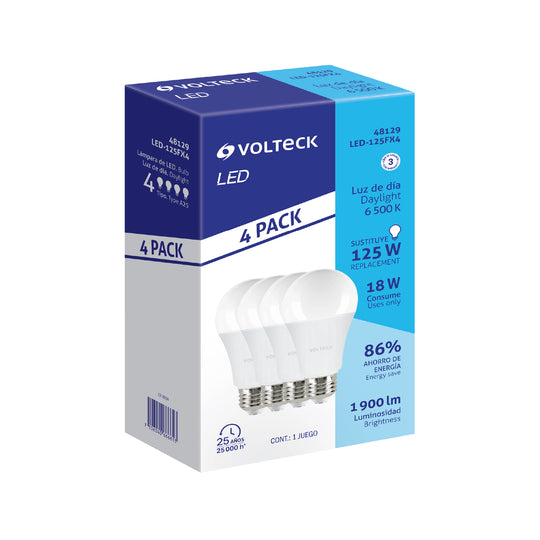 LED-125FX4 Pack 4 focos LED 18W (125W) A25, 6500K blanca fría, 1900 lm