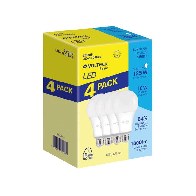 LED-150FBX4 Pack 4 focos LED 18W (125W) A25, 6500K fría, 1800 lm, BASIC